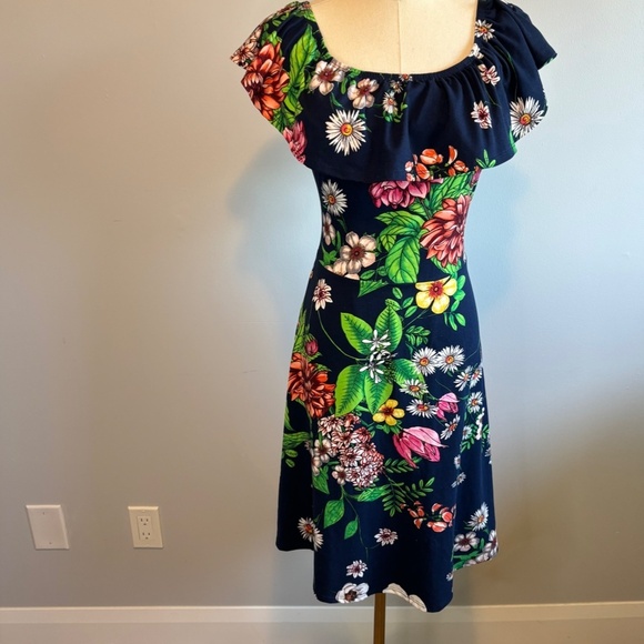 Rebel Sugar by Simons, Tropical Floral, Navy Ruffle Dress, Fit & Flare, SZ L - Picture 2 of 9
